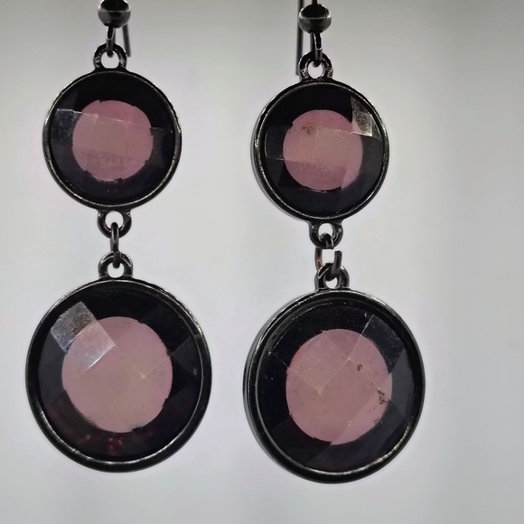 Vintage Elegant Double Drop Black and Silver Trim Clear Dark Dangle Earrings - Picture 4 of 5